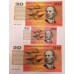 AUSTRALIA 1966 . TWENTY 20 DOLLAR BANKNOTES . CONSECUTIVE TRIO . MINOR CENTRE OBSTRUCTION AS AN ERROR